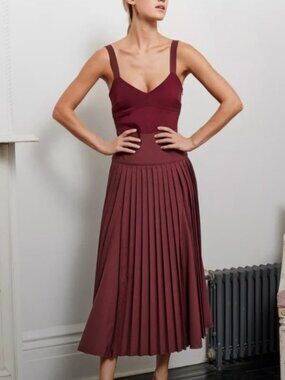 La Ligne Burgundy Pleated Zelda Midi Dress